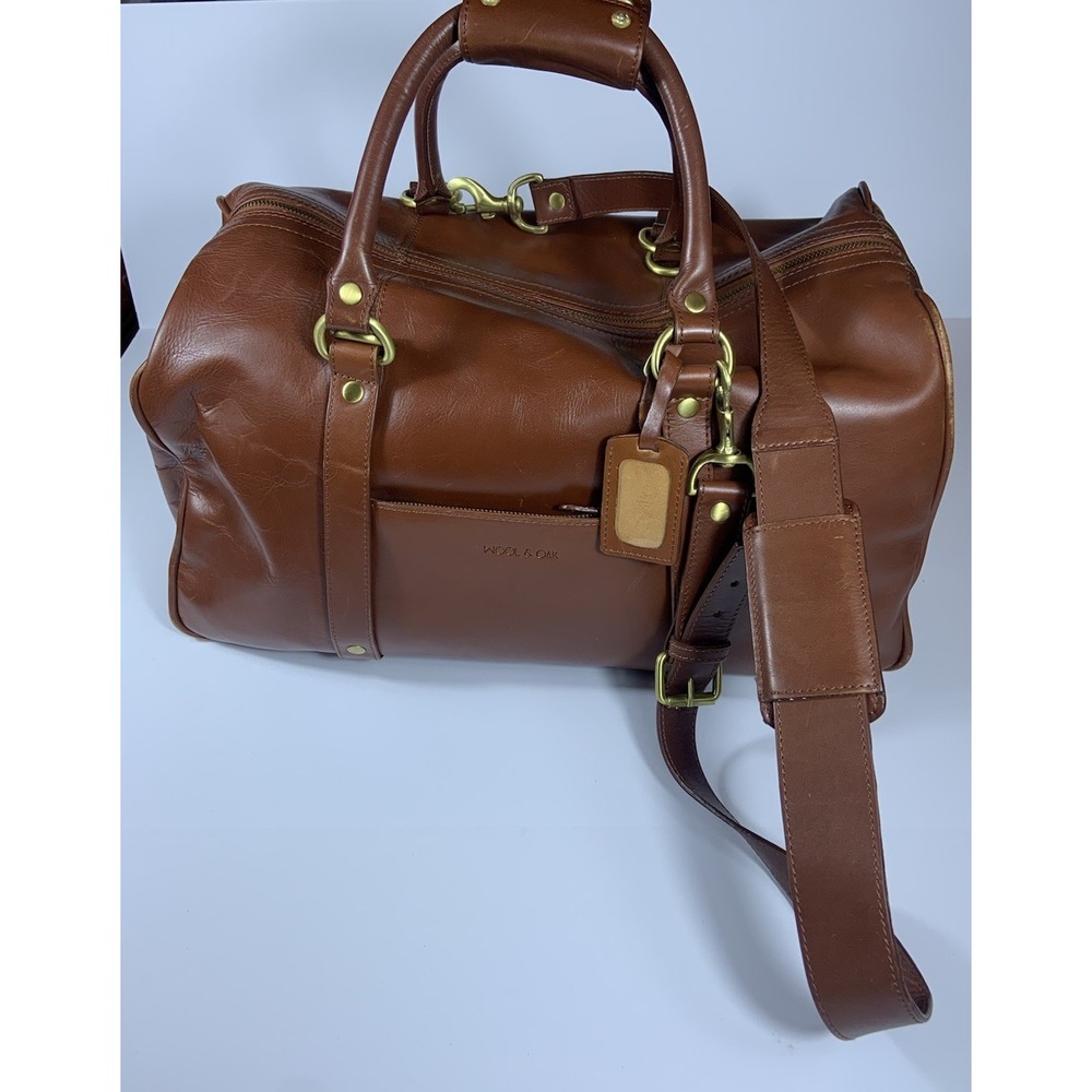Vintage Wool & Oak Brown Leather Duffle Bag Suitcase Carry On Should Strap Sz L